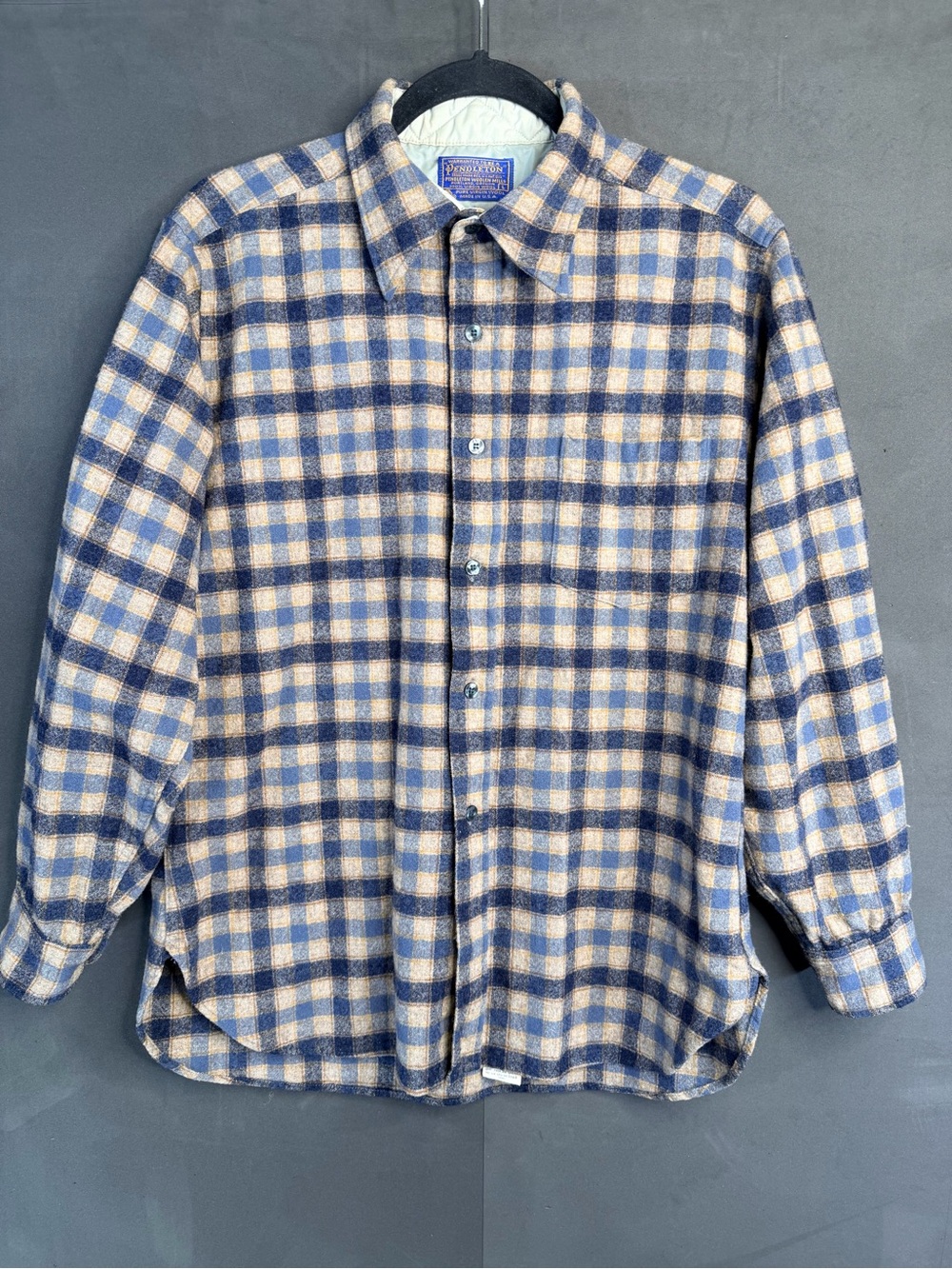 Vintage Pendleton Wool Board Shirt Large Flannel Plaid Navy Blue 70s USA Unisex